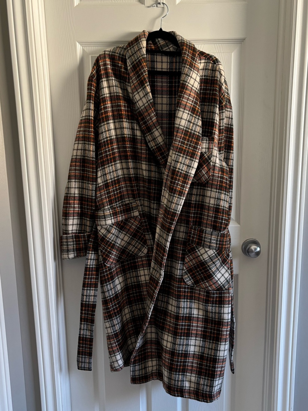 Plaid Long Belted Shacket - Brown White Orange Plaid